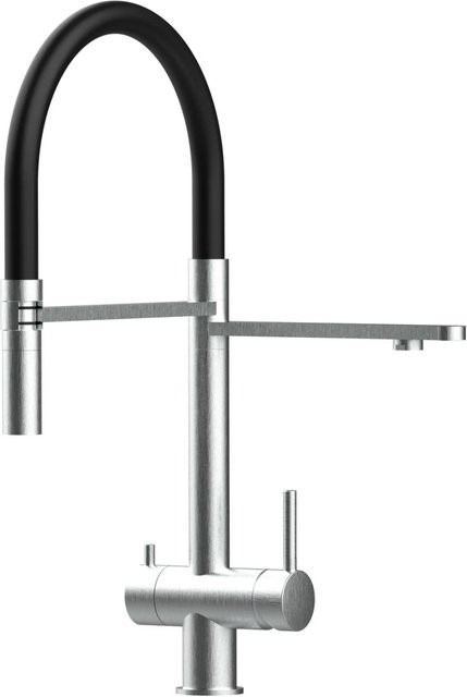 VIZIO 3-Wege Küchenarmatur aus Edelstahl mit 360 Grad schwenkbarem Auslauf und abnehmbarer 2-Strahl Handbrause in Schwarz und Silber gebürstet - Bild 1