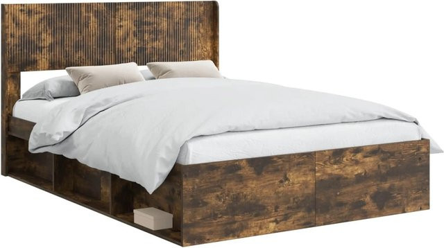 vidaXL Bettgestell mit Kopfteil und Stauraum in Geräucherte Eiche, B/T/H: 140 x 190 x 141,5 cm - Bild 1
