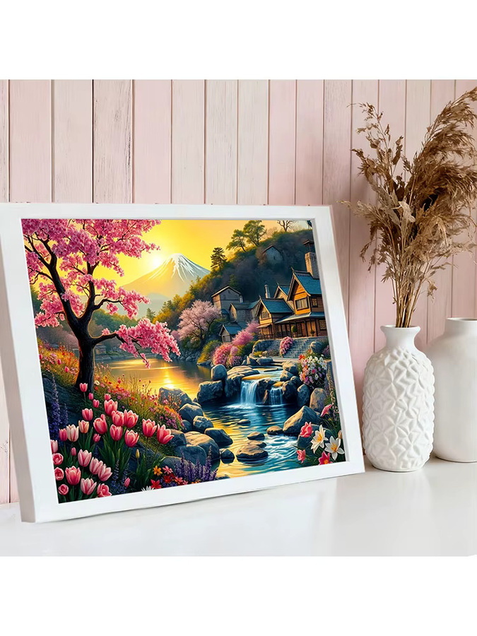 HUACAN Diamantmalerei Naturlandschaft mit Berghaus, Baum und See als handgefertigtes Strass-Diamantmosaik Set in Multicolour, B/H: 40 x 30 cm - Bild 2