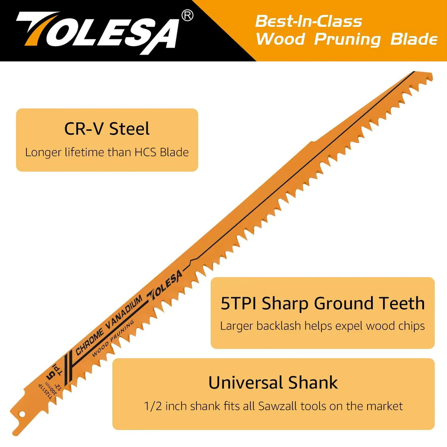 TOLESA Säbelsägeblätter 5er Set für Holz und PVC-Rohre, 300 mm Länge, 5 TPI, CRV Stahl mit Bodenzähnen - Bild 2