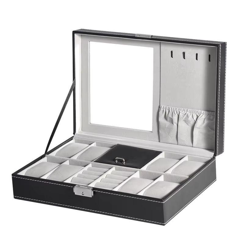 DELESYS Uhrenbox und Schmuckaufbewahrung aus PU-Leder für Uhren, Ringe und Ohrringe, Schwarz oder Grün - Bild 2