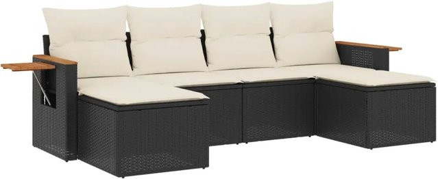 vidaXL 6-teilige Garten-Sofagarnitur aus Poly-Rattan und Akazienholz in Schwarz mit Kissen - Bild 1