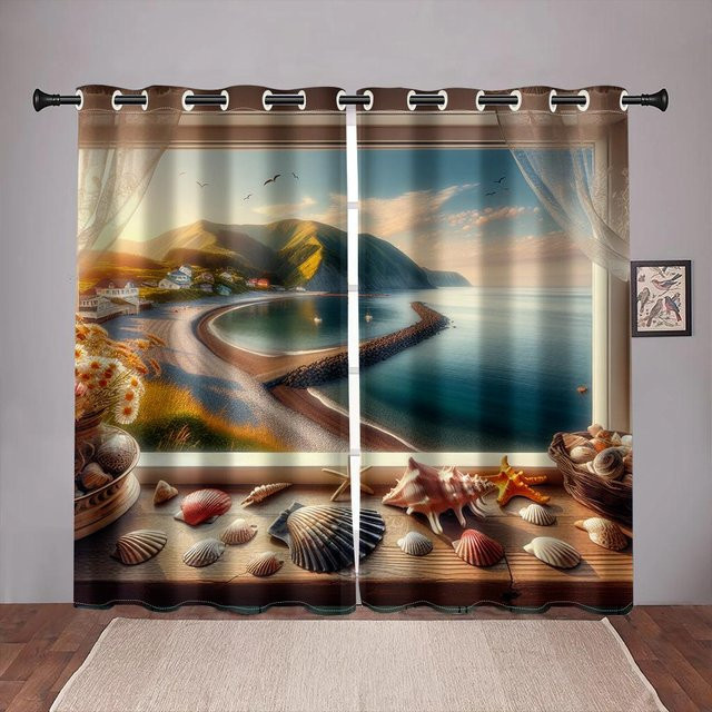Zweiteiliges Vorhangset mit Sommer-Strand- und Ozean-Motiv, halbtransparent, mehrfarbig, B: 50 cm, H: 130 cm - Bild 1