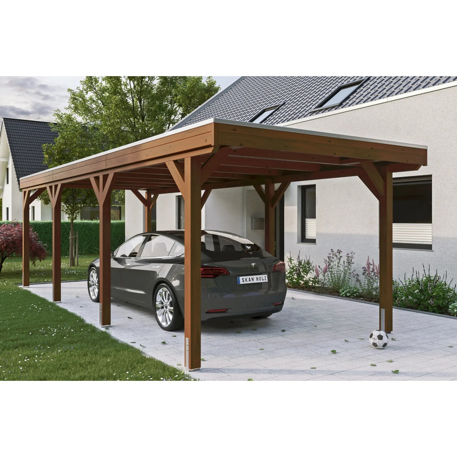 Skan Holz Carport Grunewald aus Fichte mit Aluminiumdach in Nussbaum Braun, B: 321 cm, T: 796 cm, H: 243 cm - Bild 2
