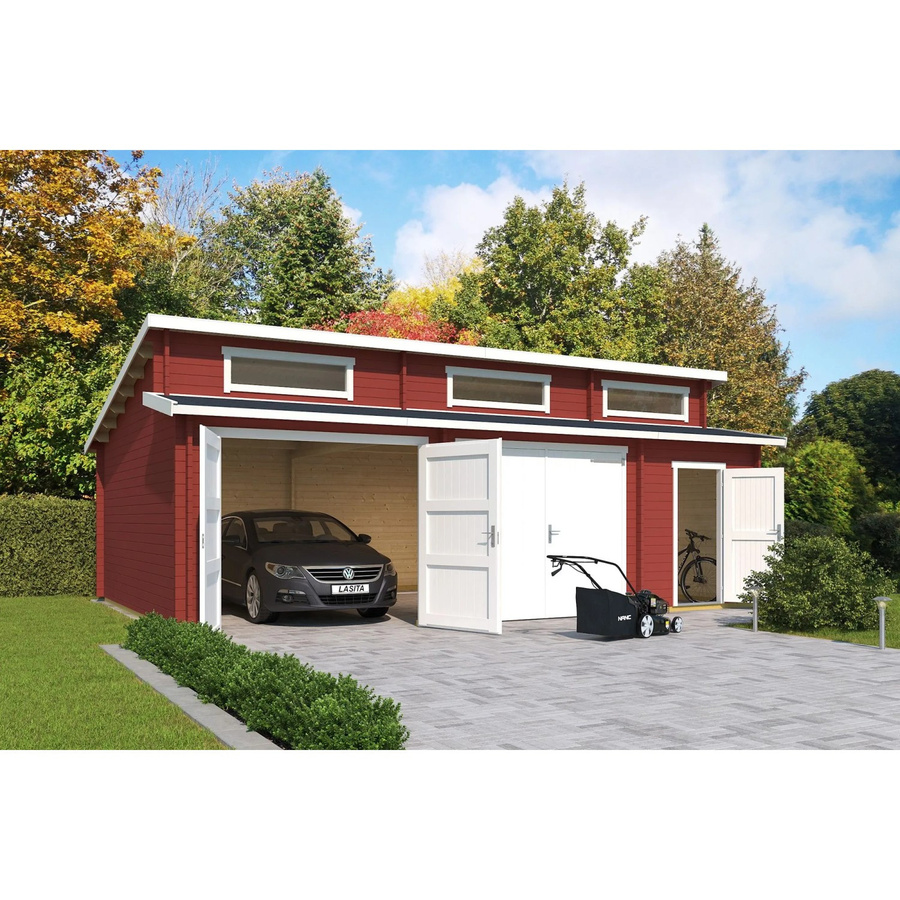 Blockgarage LASITA MAJA Hawaii in Schwedenrot mit Holztoren und separatem Abstellraum, B/T: 820 x 579,6 cm - Bild 3