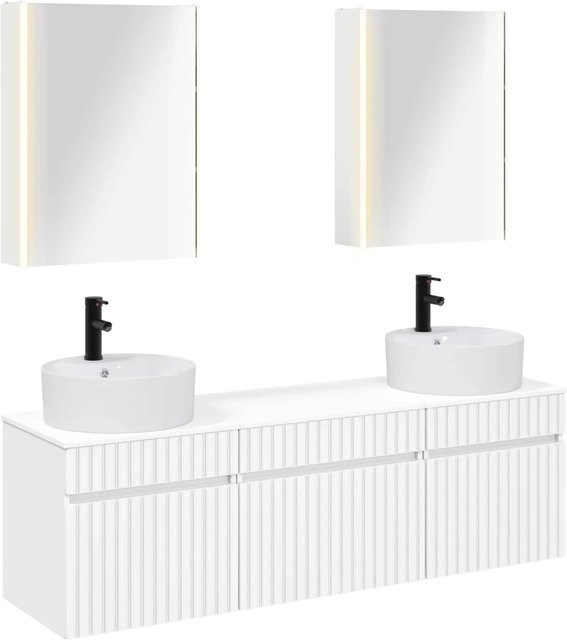 vidaXL Badezimmerschrank-Set in Weiß mit LED-Beleuchtung und Spiegelschrank, 5-teilig, B/T/H: 53 x 15,5 x 70 cm - Bild 1