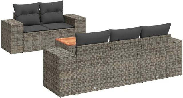 vidaXL 6-tlg Garten-Sofagarnitur aus Poly Rattan und Akazienholz in Grau mit Kissen - Bild 1