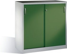 C+P Schwerlast-Beistellschrank mit Schiebetüren und 2 Böden, Front Resedagrün, Korpus Lichtgrau, H: 120 cm, B: 120 cm, T: 50 cm - Bild 1