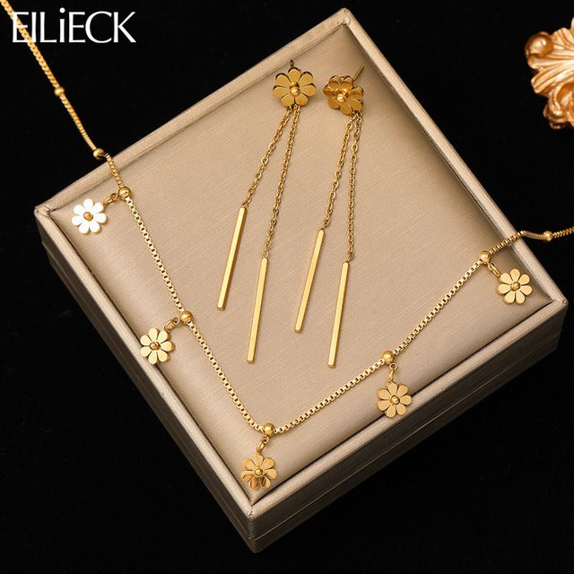 EILIECK Schmuck-Set Halskette, Ohrringe, Edelstahl, Gold, Damen - Bild 1
