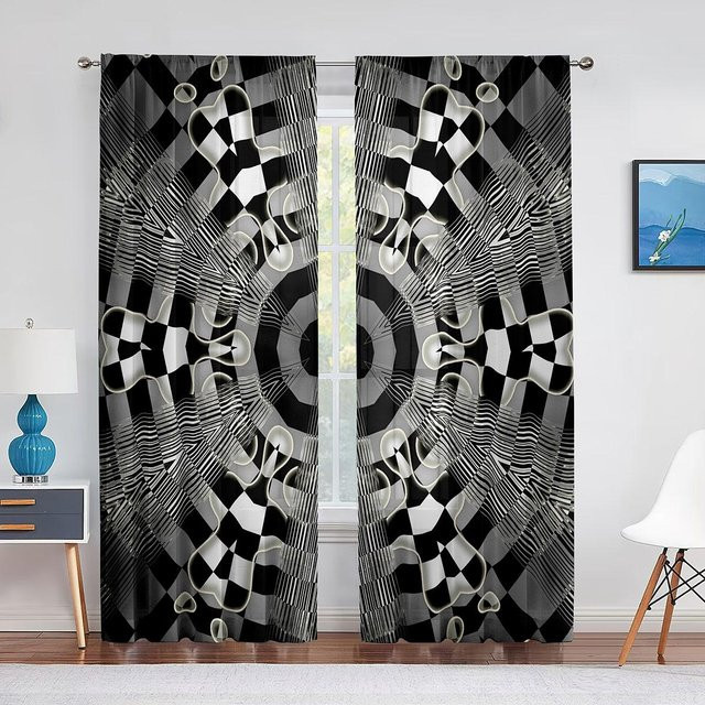 Schwarz-weiß karierter Voile-Vorhang mit Rennwagenflaggen-Design, lichtdurchlässiger Fenstertüll mit Ösen, 2er-Set, Breite: 65 cm, Höhe: 60 cm - Bild 1