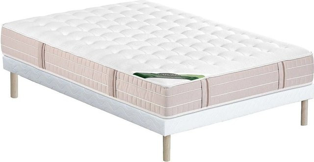 Vente-unique Hybrid-Bettset bestehend aus Matratze mit Memory-Schaum, Lattenrost und gepolstertem Bettgestell mit Stoffbezug in Weiß, B/T/H: 140 x 190 cm - Bild 1