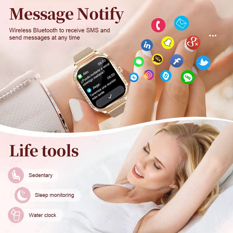LIGE Smartwatch für Damen mit 1,75 Zoll gebogenem Bildschirm, Bluetooth-Anruffunktion, IP68 wasserdicht und Diamantgehäuse in Pink und Gold - Bild 6