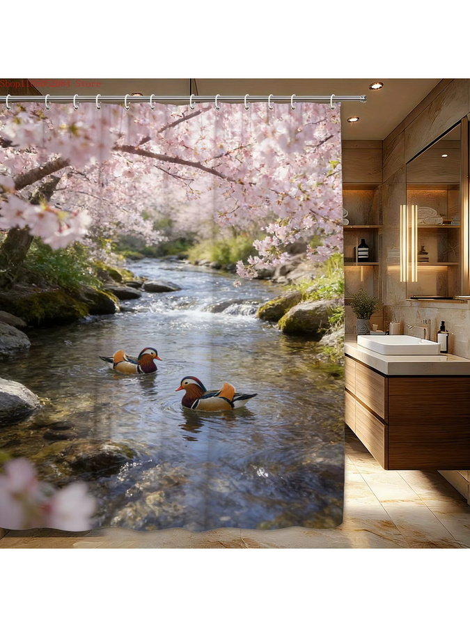 Wasserdichter Duschvorhang von BEAST KINGDOM mit Kirschblüten und Mandarinenten in Mehrfarbig - Bild 2