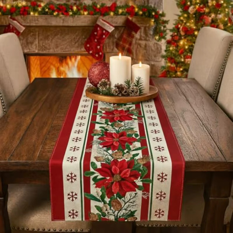 VIKAMA Weihnachts-Tischläufer aus Leinen in Rot mit floralem Design, B/T: 90 x 33 cm - Bild 3