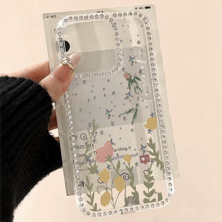 Caynes Stoßfeste Handyhülle mit glitzernden Diamant-Blumen für iPhone und iPad, transparent - Bild 3
