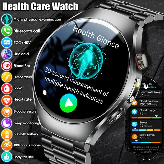 GUHUAVMI Smartwatch in Schwarz mit EKG, Blutfett- und Harnsäureanalyse sowie Sprachanruf-Funktion - Bild 1