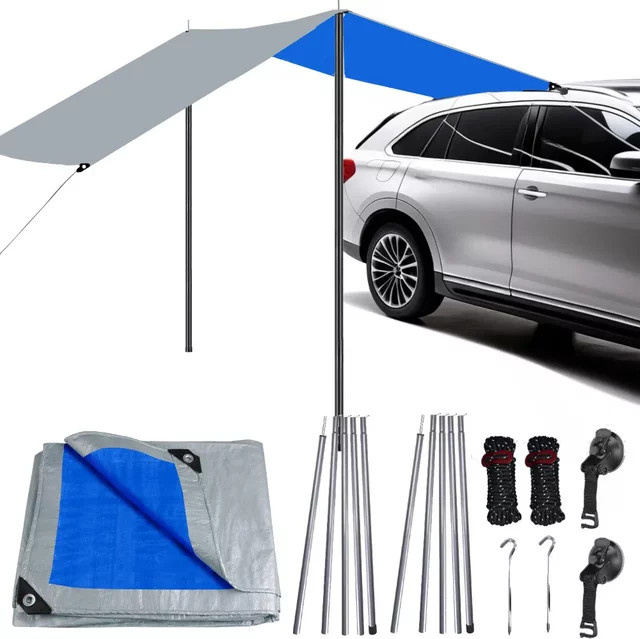 3M PE Auto-Seitenmarkise mit Stangen-Kit, wasserdichte Campingplane für das Fahrzeugdach, herausziehbare Zeltunterstand-Hängematte in Grün-Weiß - Bild 1