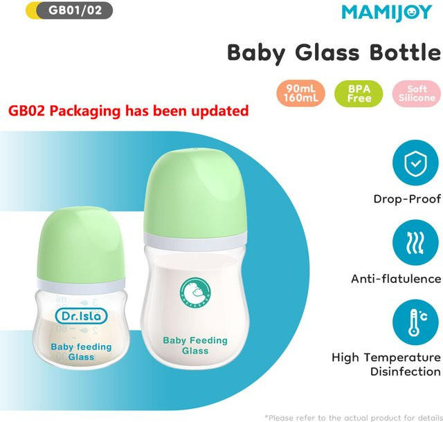 MAMIJOY Baby Glasflasche Anti-Blähung BPA-frei, transparent und grün, 160 ml - Bild 1