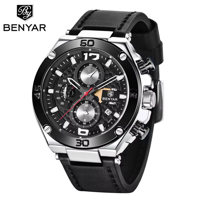 BENYAR Chronograph Armbanduhr, Quarz, Leder, Schwarz, Herren - Bild 2