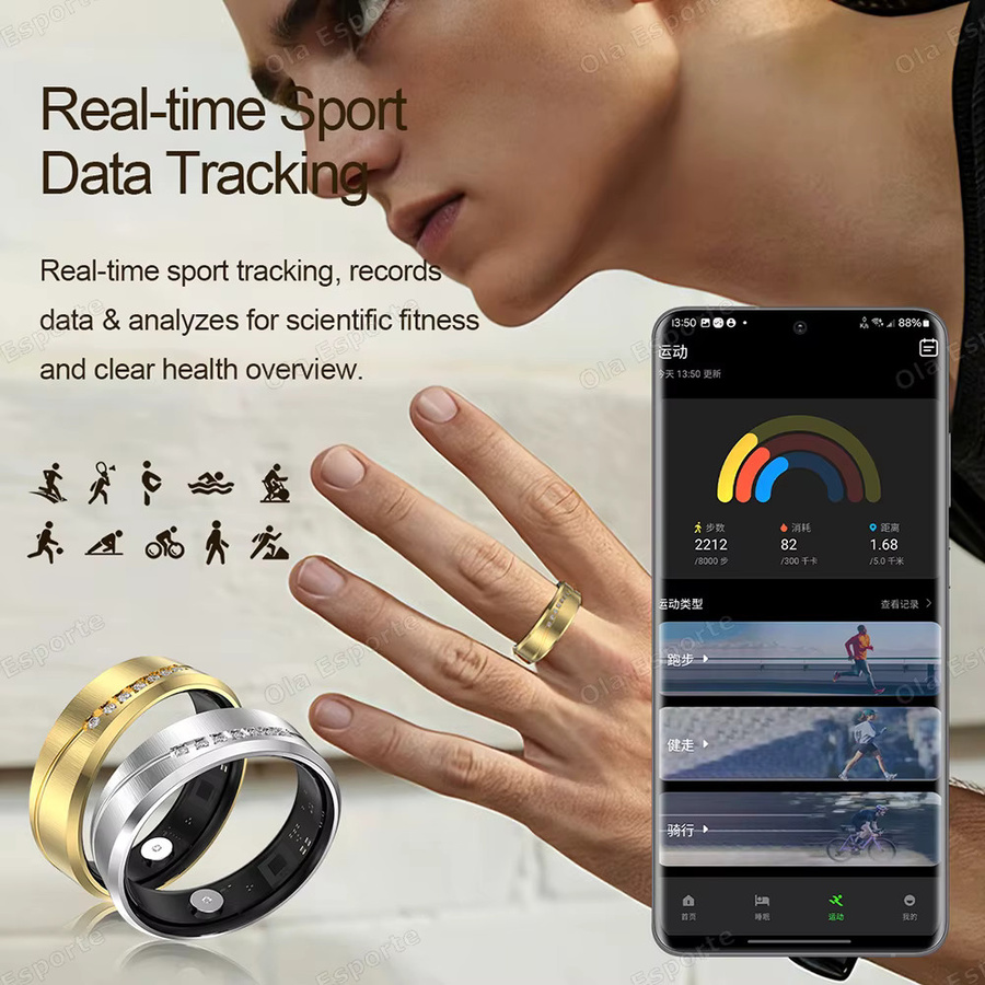 Ola Esporte Smartring Gold mit Vibrations-Erinnerung, Herzfrequenz-, Blutdruck- und Sauerstoffmessung sowie Schlafmonitor und Selfie-Fernbedienung, wasserdicht, Unisex - Bild 6