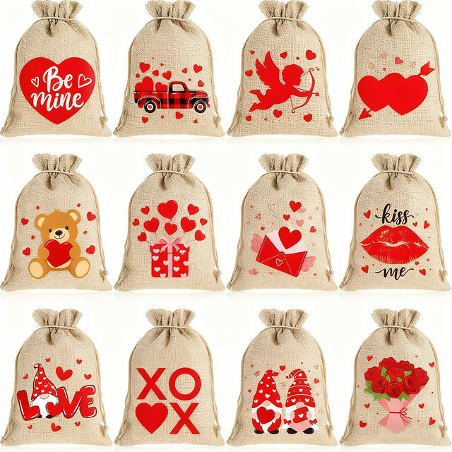 4 Stück Mini-Herz-Sackleinenbeutel aus Jute mit Kordelzug in Beige für Valentinstag, Hochzeit und Brautparty - Bild 1