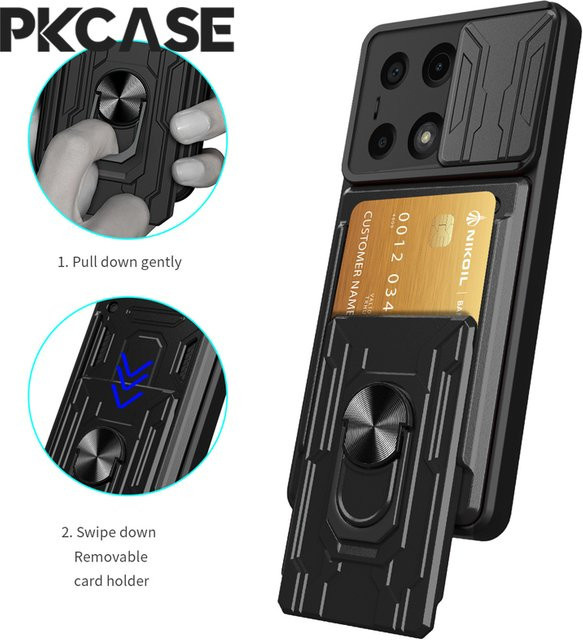 PKCASE Stoßfeste Handyhülle mit Kartensteckplatz und magnetischem Push-Window für Xiaomi 15 Ultra, 15T, 14, 14T und 13 Pro in Schwarz oder Blau - Bild 1