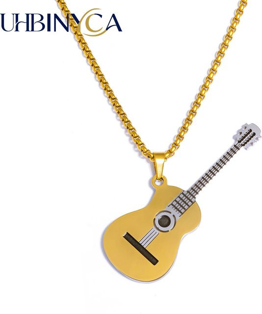 UHBINYCA Gitarren-Anhänger Halskette, 18K vergoldeter Edelstahl, Gold, Damen, 50 cm - Bild 1