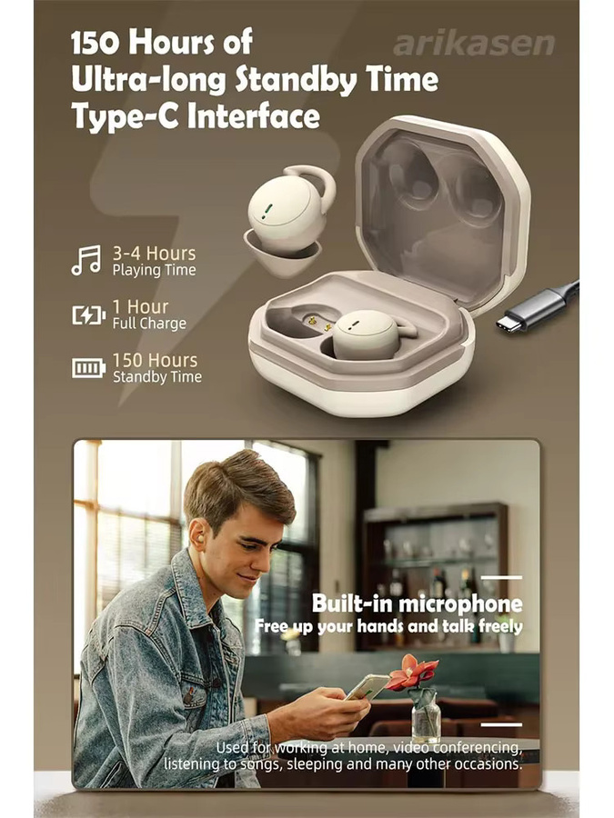 Arikasen Bluetooth-Ohrhörer in Black, kabellose In-Ear Schlaf-Ohrstöpsel mit Geräuschunterdrückung für kleine Ohrkanäle - Bild 4