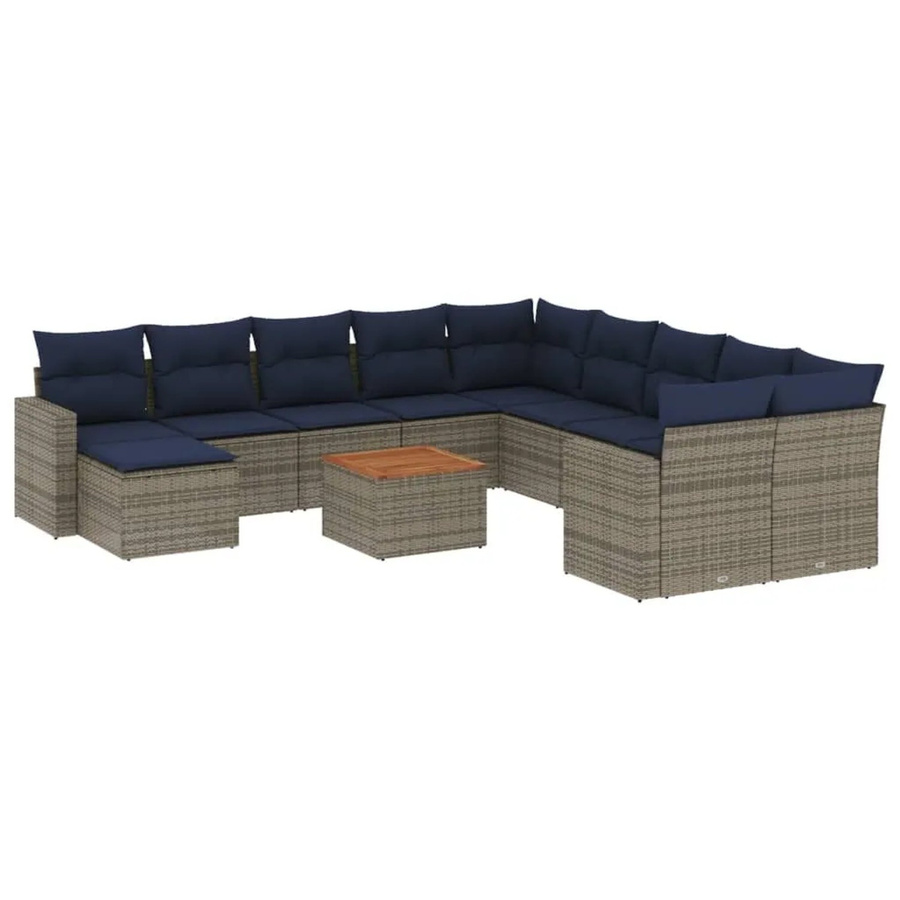 vidaXL 14-tlg. Gartensofa-Set in U-Form aus Polyrattan mit Kissen und Couchtisch, Grau/Blau - Bild 2