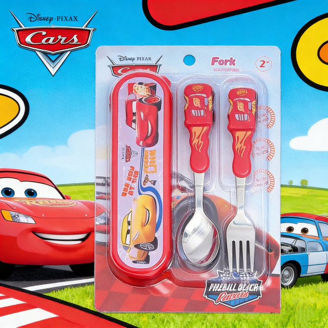 Disney Cars Lightning McQueen Besteckset für Kinder aus rotem Edelstahl mit Gabel, Löffel und Aufbewahrungsbox - Bild 1