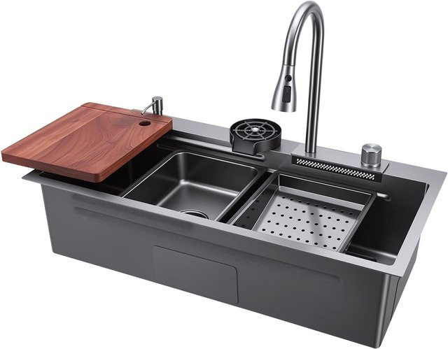 Buying Solutions MB Küchen-Einbau-Spülbecken aus Edelstahl mit einem Becken und Zubehör, Farbe: Schwarz oder Grau, Breite: 85 cm - Bild 1