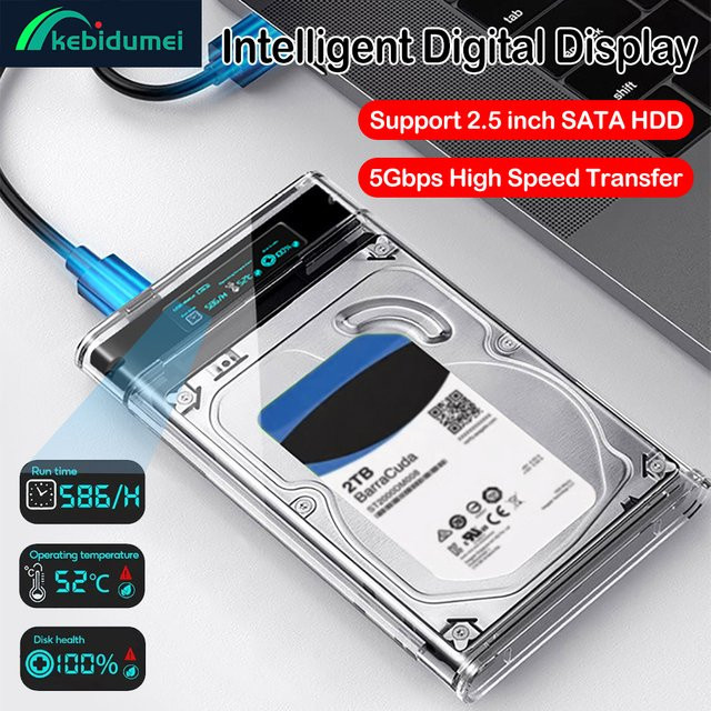 Kebidu Transparente USB 3.1 HDD SSD Gehäuse mit Digitalanzeige für 2,5 Zoll SATA Festplatten, 5 Gbit/s - Bild 1
