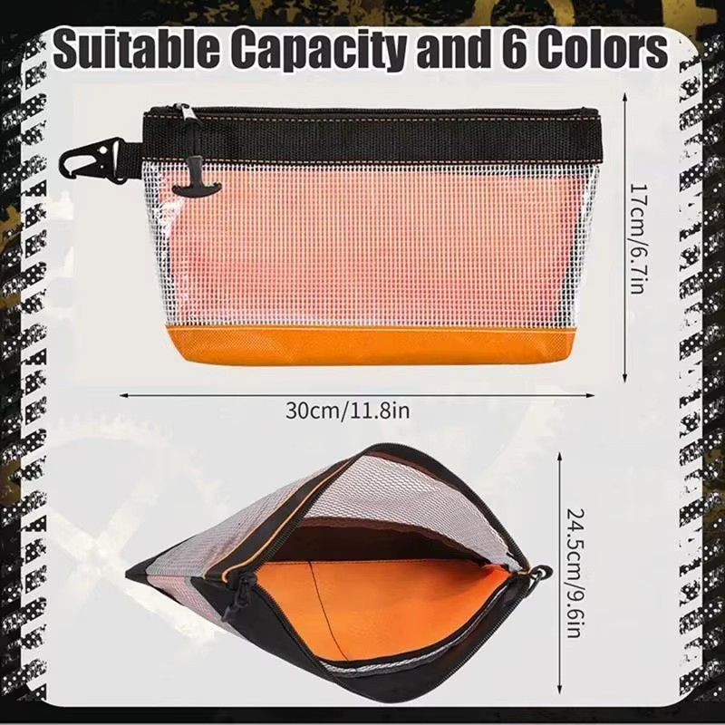 Robuste, transparente Werkzeugtasche mit Reißverschluss und Netzfenster in Orange, B/T/H: 30,0 x 24,5 x 17,0 cm - Bild 3