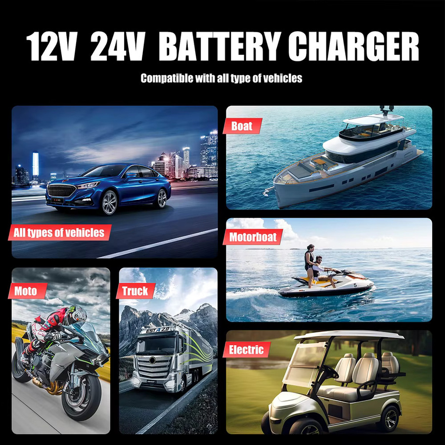 Lenovo Automatisches Autobatterie-Ladegerät in Rot mit intelligenter Impulsreparatur für AGM- und Nass-Blei-Säure-Batterien, 12V/24V, 25A/15A mit Auto-Booster und 8-stufigem Ladevorgang - Bild 3