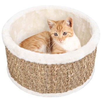 vidaXL Katzenkorb rund aus Rattan in Beige mit Durchmesser: 36 cm und Höhe: 18 cm