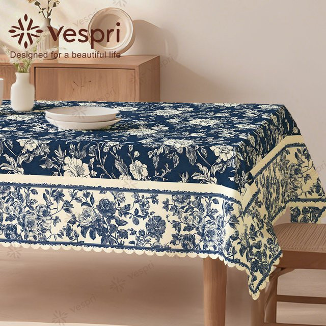 Vespri Oster-Tischdecke mit Frühlings-Blumenmuster in Marineblau und Weiß aus Polyester für runde, rechteckige oder ovale Tische - Bild 1