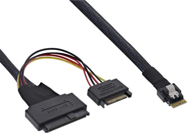 InLine Slim SAS Kabel SFF-8654 zu U.2 SFF-8639 mit SATA Strom 24Gb/s Schwarz 1m - Bild 1