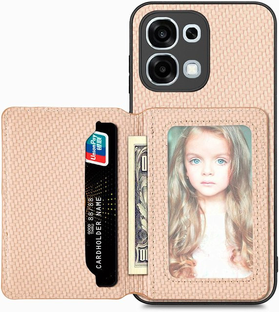 Magnetische Lederhülle für OPPO A6 Pro mit Kartenhalter und Carbonfaser-Design in Beige - Bild 1