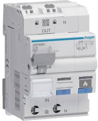 Hager RCBO FI-Schutzschalter und Leitungsschutzschalter ARF966D, 2-polig, 16A, 0,03A, 230V, Blau/Weiß - Bild 1