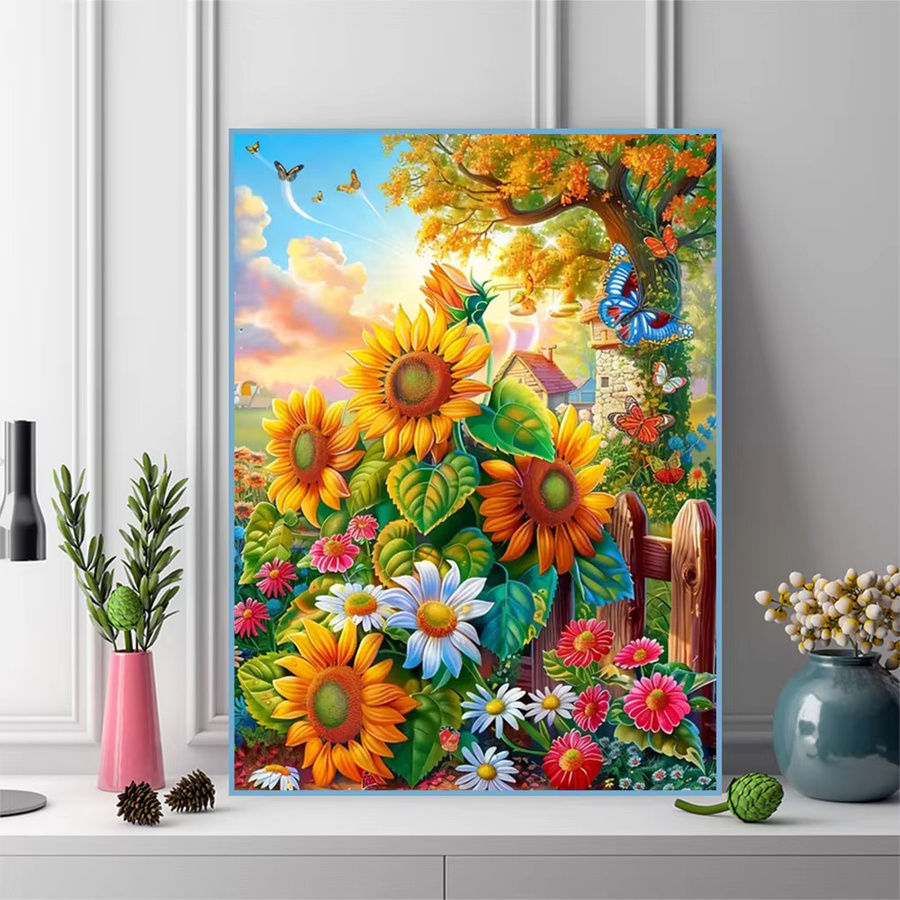 Momoart Diamant-Stickerei Set mit Sonnenblumen und Gänseblümchen, rundes DIY-Diamant-Mosaik in Multicolour, B/D: 30,0 x 20,0 cm - Bild 3