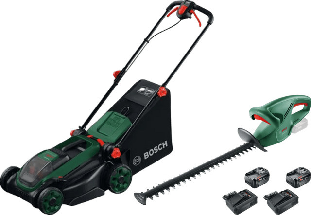 Bosch Gartenwerkzeug Set mit Rotak 18V-2-38 Rasenmäher, EasyHedgeCut 18-45 Li Heckenschere und 2x Bosch Power For All 18V 4,0 Ah Akkus - Bild 1