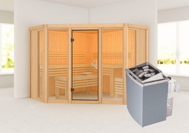 Karibu Sauna Alcinda 2 aus Fichte in Natur mit 9,0 kW Ofen und integrierter Steuerung, B/T/H: 231 x 231 x 198 cm - Bild 1