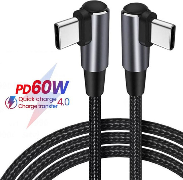 MIIQNUS USB-C auf USB-C Ladekabel mit 60W PD Schnellladefunktion, rechtwinkliges 90 Grad Datenkabel in Schwarz - Bild 1