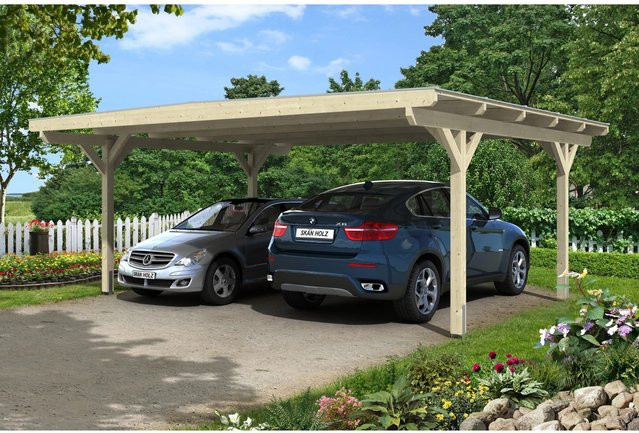 Skan Holz Carport Odenwald Flachdach aus Fichte Leimholz mit Doppelstegplatten aus Polycarbonat, Farbe: beige, B/T: 640 x 541 cm, Höhe: 244 cm - Bild 1