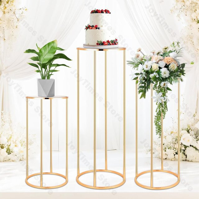 3er-Set Goldene Zylinder-Sockel aus Metall für Hochzeiten, Geburtstage und Party-Dekorationen - Bild 1