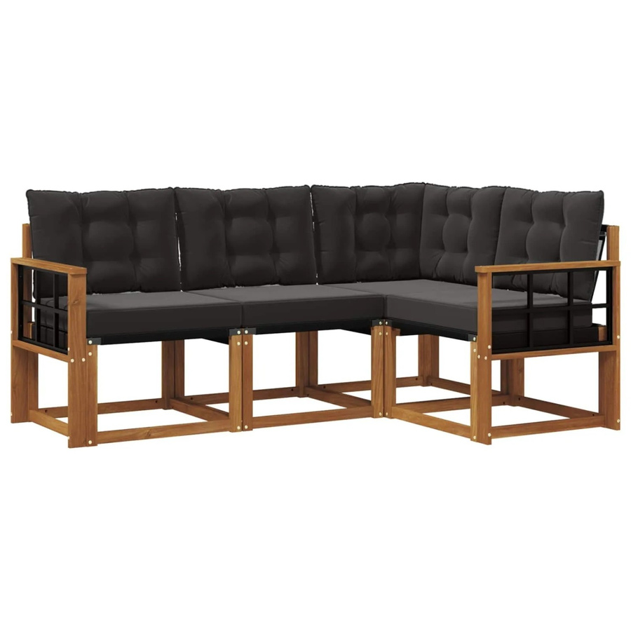 vidaXL Outdoor-Sofagarnitur 4-teilbig L-Form aus Akazienholz und Textilene in Natur und Schwarz mit Kissen - Bild 2