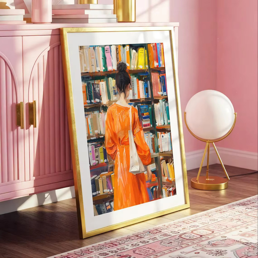 Kunstdruck Frau im Buchladen von SHENCHEN, gerahmtes Acrylgemälde als Wanddekoration in Mehrfarbig - Bild 4