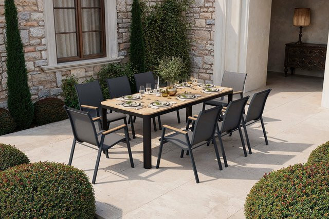 OUTFLEXX Tallinn Garten-Essgruppe für 8 Personen aus Aluminium und Kunststoff-Holzimitat in Anthrazit und Natur, Tisch B: 200 cm, T: 90 cm - Bild 1