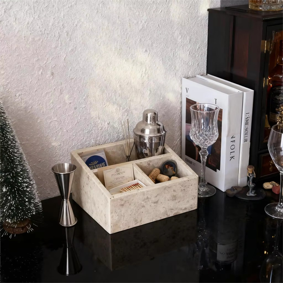 Mehrschichtiges Organizer-Tablett aus beige Travertin-Marmor mit Fächern für Make-up und Bürobedarf - Bild 6