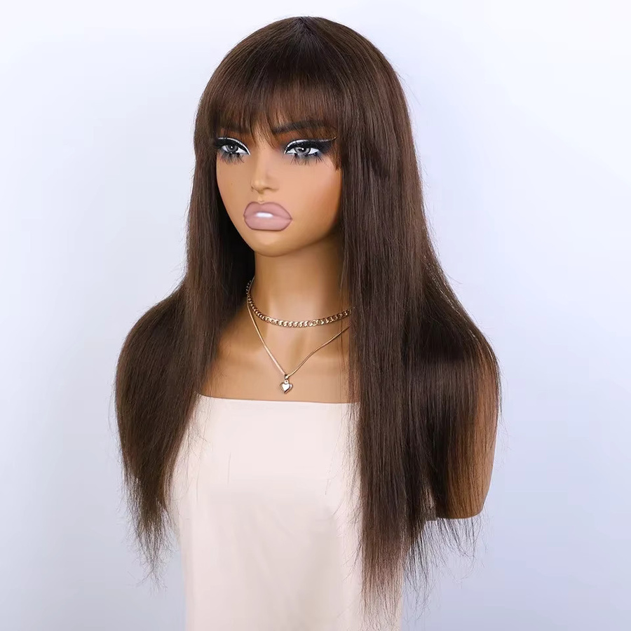 Braune lange gerade Echthaar-Perücke mit Pony, 100 % Remy-Haar, Damen - Bild 2